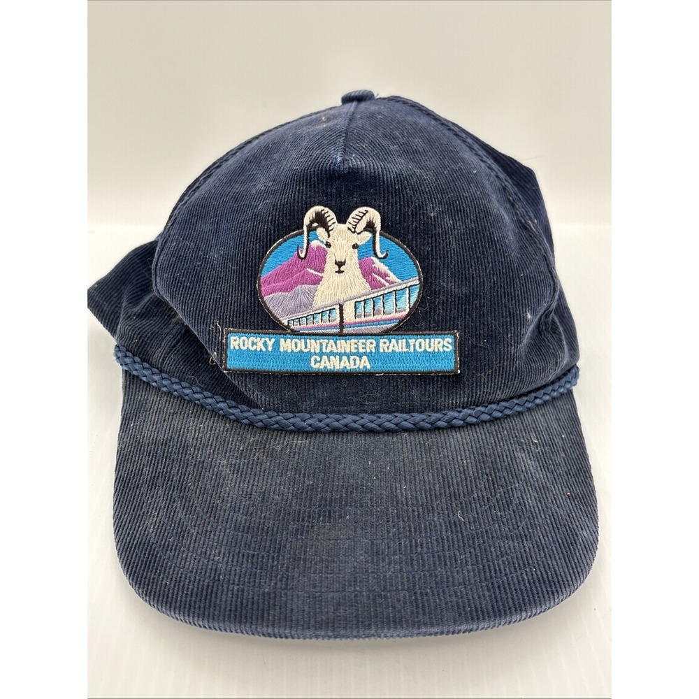 Vtg Rocky Mountaineer Railtours Canada Hat Corduroy Navy Blue Snapback AJM Mens